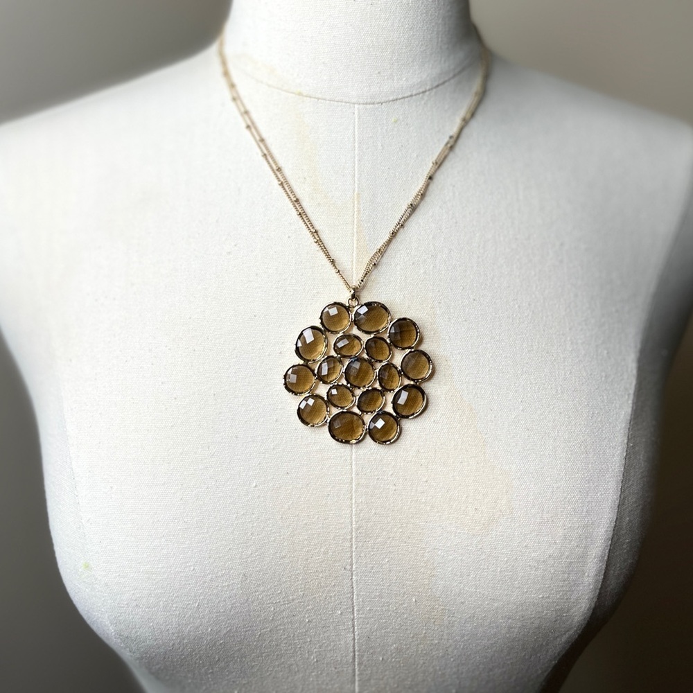 Anthropologie Brown Gold Stone Cluster Necklace Retro 70s Chain Circle Pendant